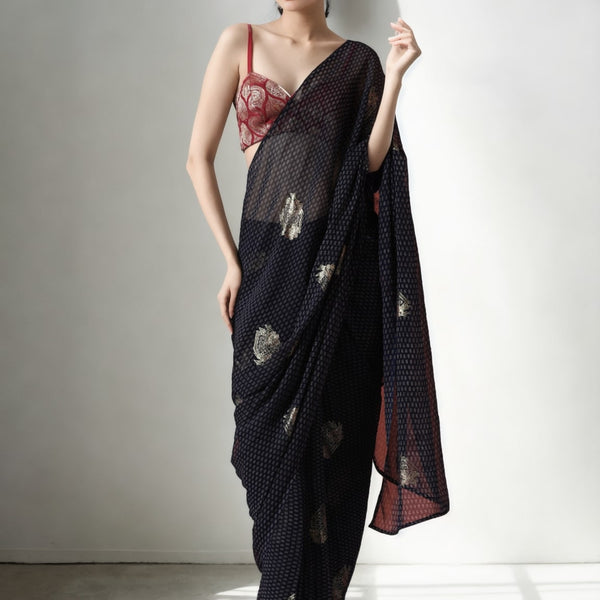 Jyoti Fashion Women's Black Marble Chiffon Printed Ready To Wear Saree with Blouse - Distacart