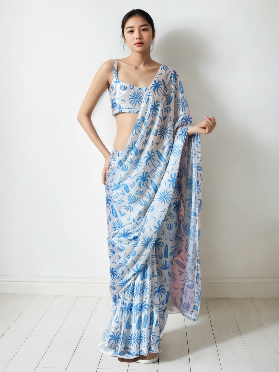 Jyoti Fashion Women's Sky Blue Chinon Digital Printed Ready To Wear Saree with Blouse - Distacart