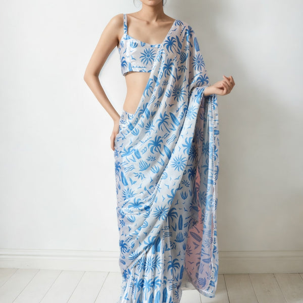 Jyoti Fashion Women's Sky Blue Chinon Digital Printed Ready To Wear Saree with Blouse - Distacart