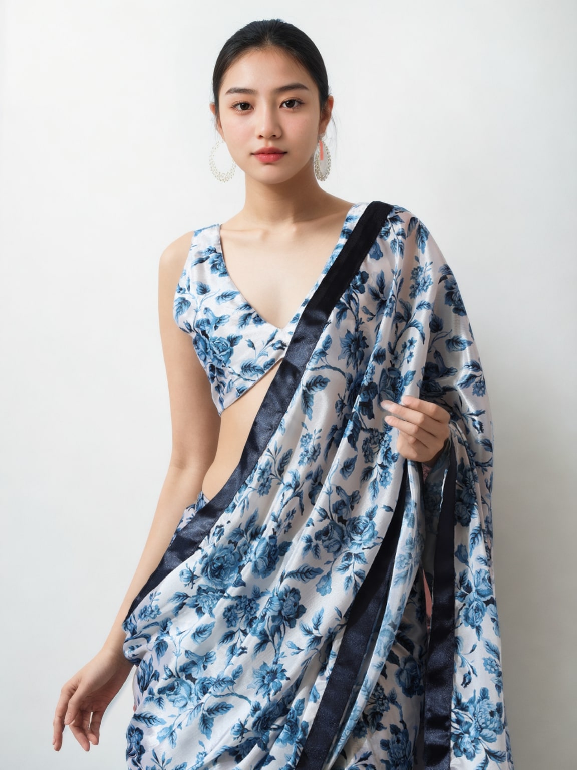 Jyoti Fashion Women's Navy Blue Chinon Digital Printed Ready To Wear Saree with Blouse - Distacart