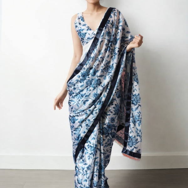 Jyoti Fashion Women's Navy Blue Chinon Digital Printed Ready To Wear Saree with Blouse - Distacart