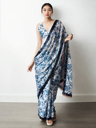 Jyoti Fashion Women's Navy Blue Chinon Digital Printed Ready To Wear Saree with Blouse - Distacart