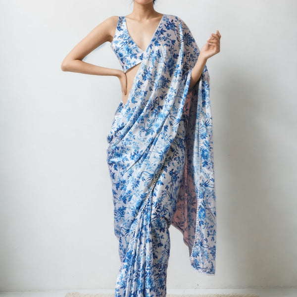 Jyoti Fashion Women's Blue Chinon Digital Printed Ready To Wear Saree with Blouse - Distacart