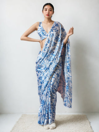 Jyoti Fashion Women's Blue Chinon Digital Printed Ready To Wear Saree with Blouse - Distacart