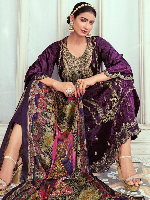 Jyoti Fashion Women's Purple Velvet Cording with Digital Printed Kurta with Trouser & Dupatta - Distacart