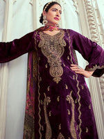 Thumbnail for Jyoti Fashion Women's Purple Velvet Cording with Digital Printed Kurta with Trouser & Dupatta - Distacart