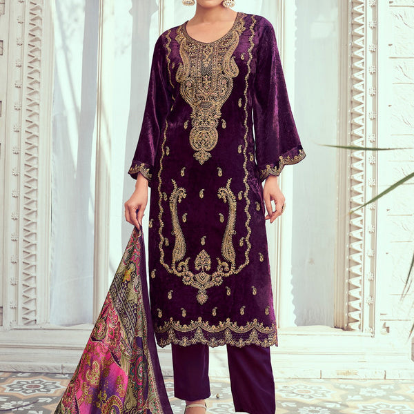 Jyoti Fashion Women's Purple Velvet Cording with Digital Printed Kurta with Trouser & Dupatta - Distacart