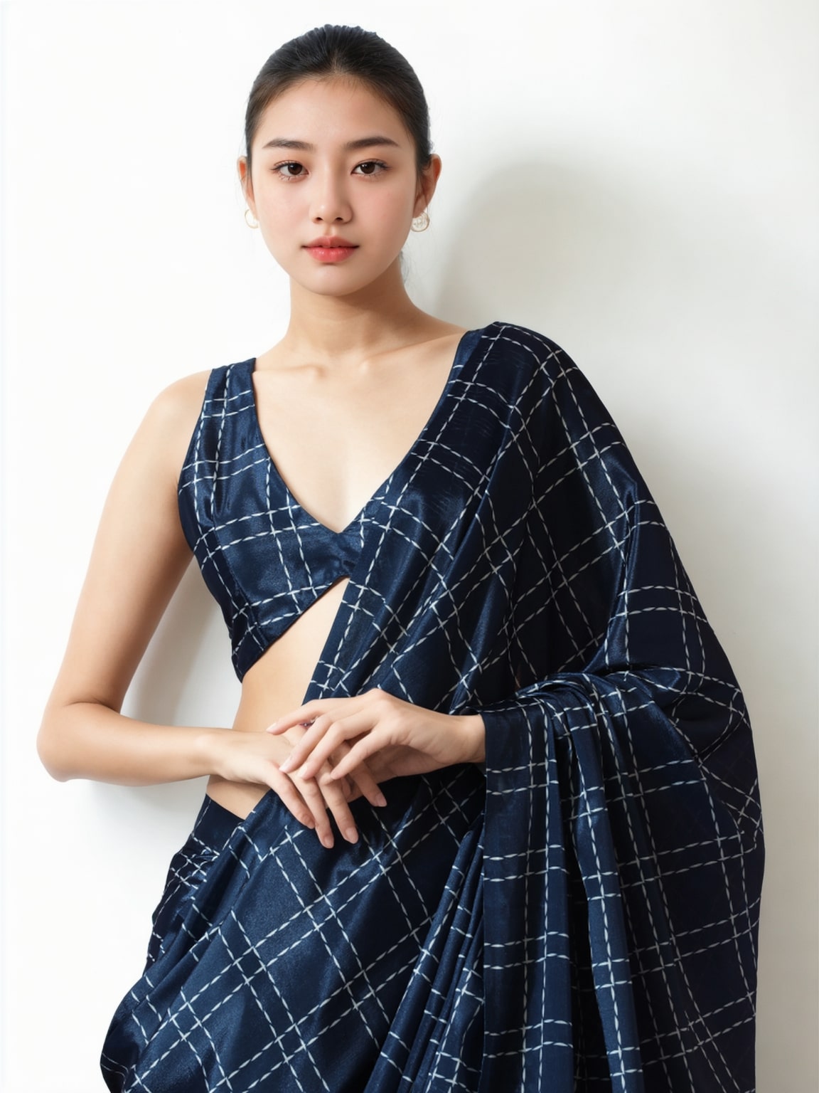 Jyoti Fashion Women's Navy Blue Chinon Digital Printed Ready To Wear Saree with Blouse - Distacart