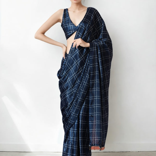 Jyoti Fashion Women's Navy Blue Chinon Digital Printed Ready To Wear Saree with Blouse - Distacart