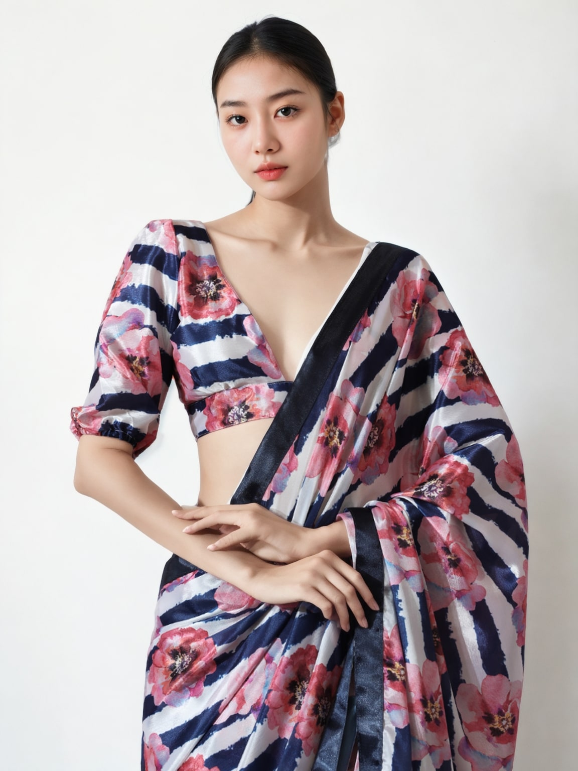 Jyoti Fashion Women's Multicolor Chinon Digital Printed Ready To Wear Saree with Blouse - Distacart