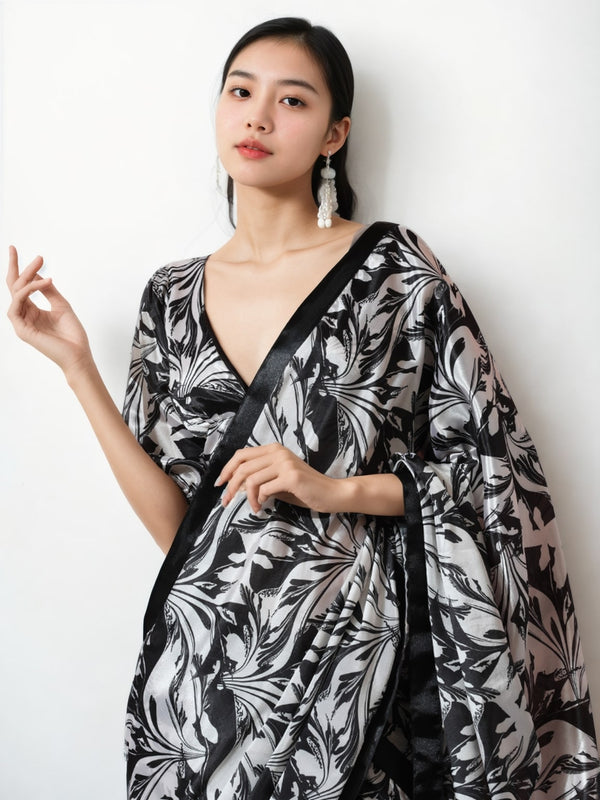 Jyoti Fashion Women's Black Chinon Digital Printed Ready To Wear Saree with Blouse - Distacart