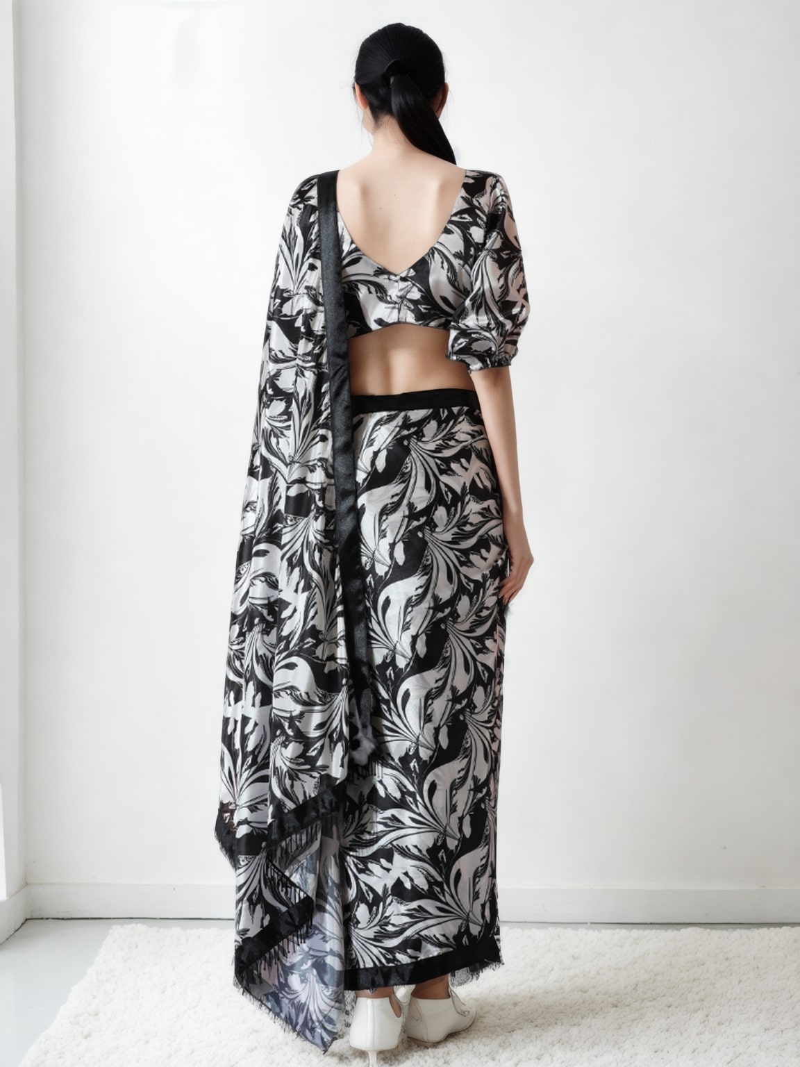 Jyoti Fashion Women's Black Chinon Digital Printed Ready To Wear Saree with Blouse - Distacart