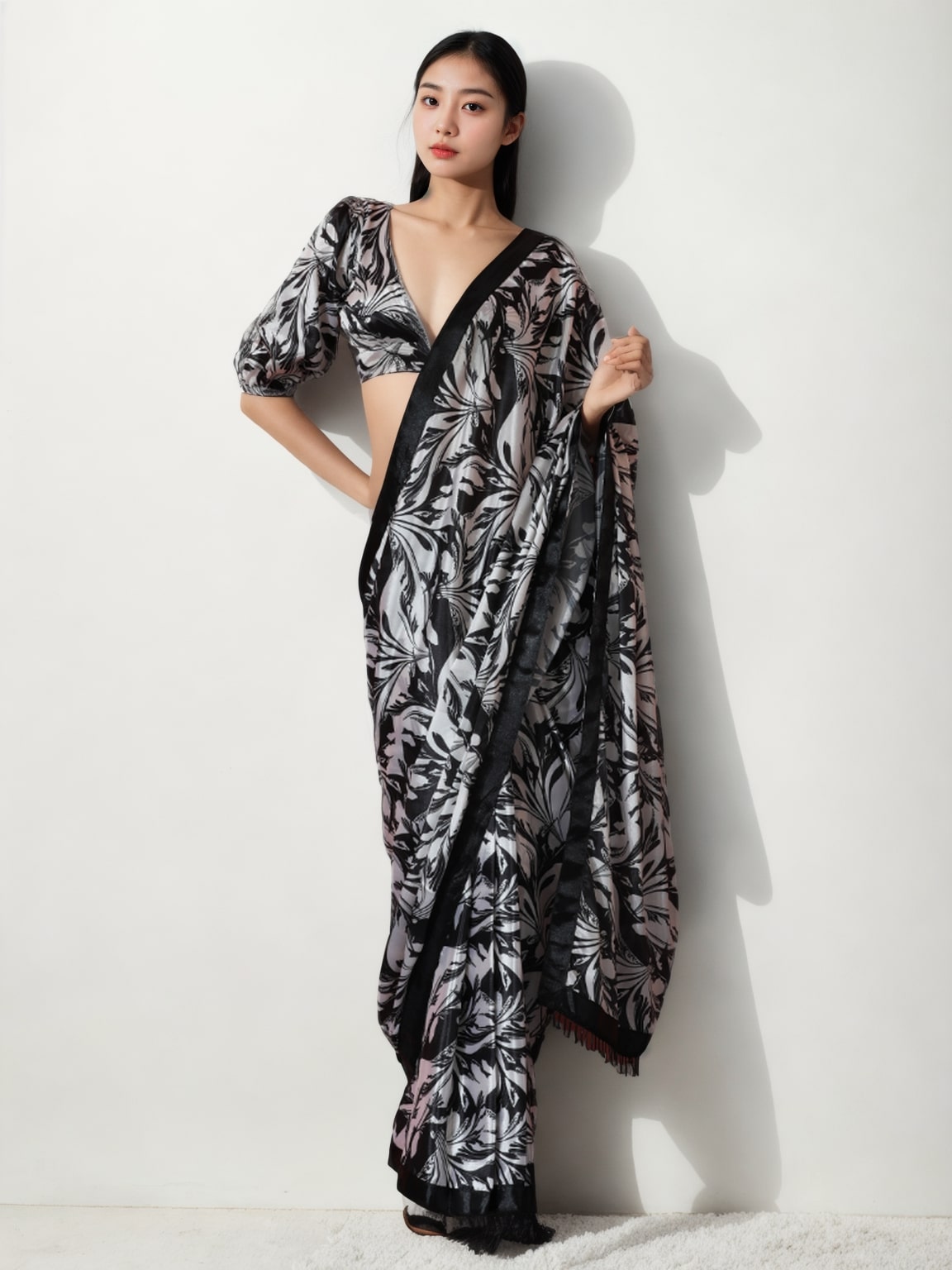 Jyoti Fashion Women's Black Chinon Digital Printed Ready To Wear Saree with Blouse - Distacart