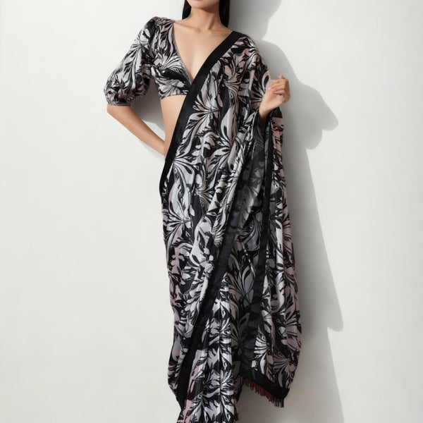 Jyoti Fashion Women's Black Chinon Digital Printed Ready To Wear Saree with Blouse - Distacart