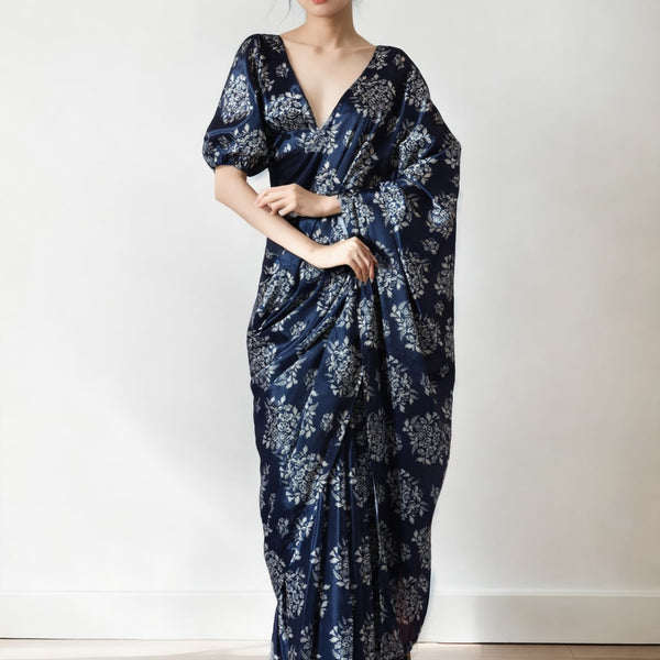 Jyoti Fashion Women's Navy Blue Chinon Digital Printed Ready To Wear Saree with Blouse - Distacart