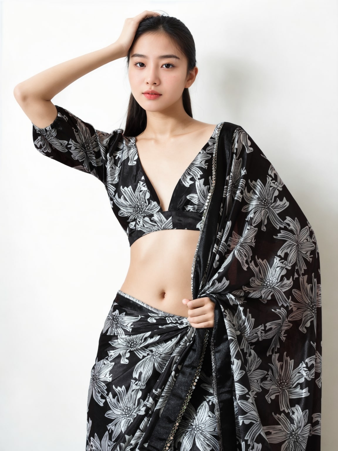 Jyoti Fashion Women's Black Chinon Digital Printed Ready To Wear Saree with Blouse - Distacart