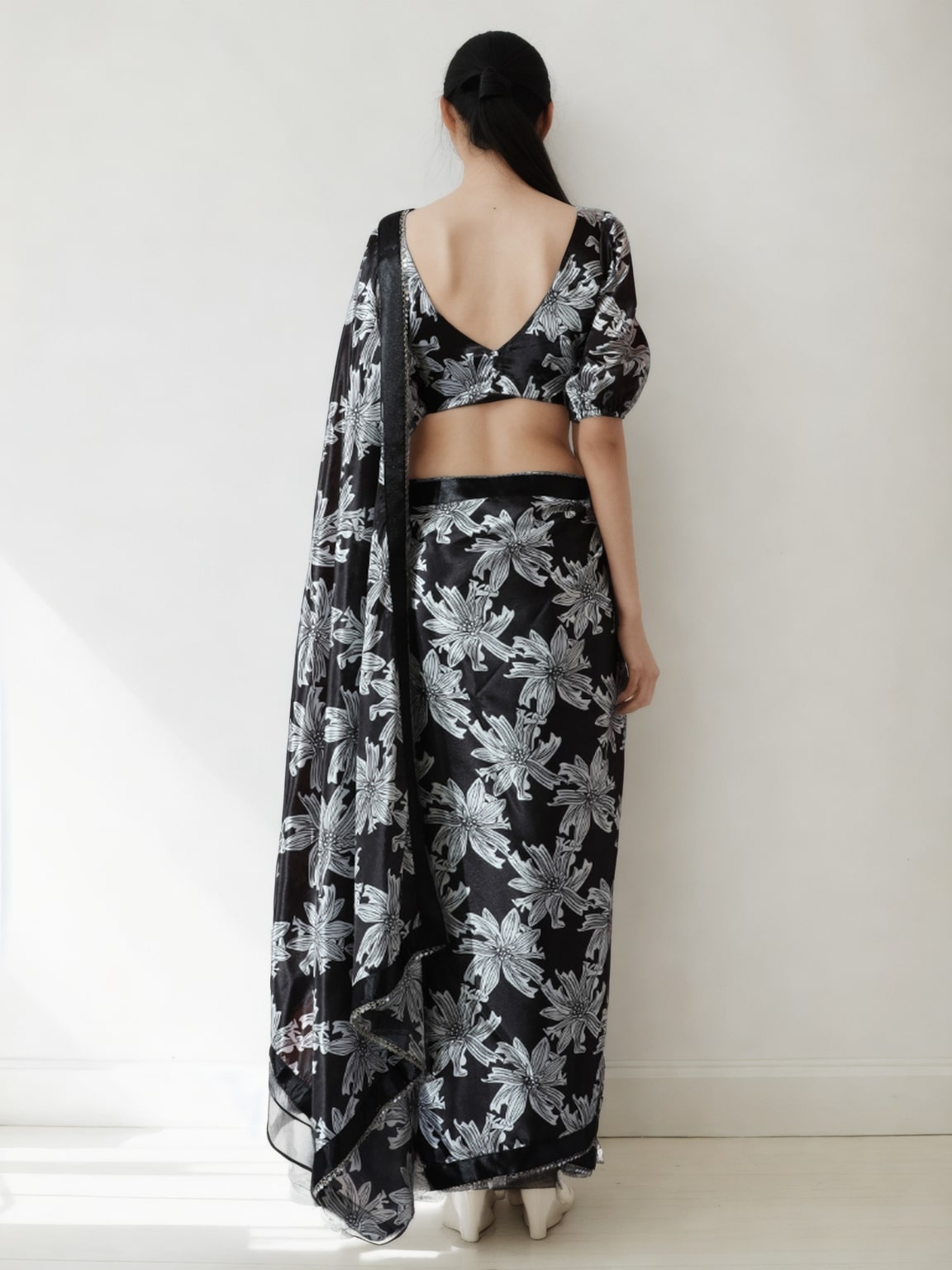 Jyoti Fashion Women's Black Chinon Digital Printed Ready To Wear Saree with Blouse - Distacart