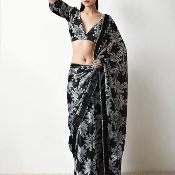 Jyoti Fashion Women's Black Chinon Digital Printed Ready To Wear Saree with Blouse - Distacart
