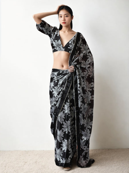 Jyoti Fashion Women's Black Chinon Digital Printed Ready To Wear Saree with Blouse - Distacart