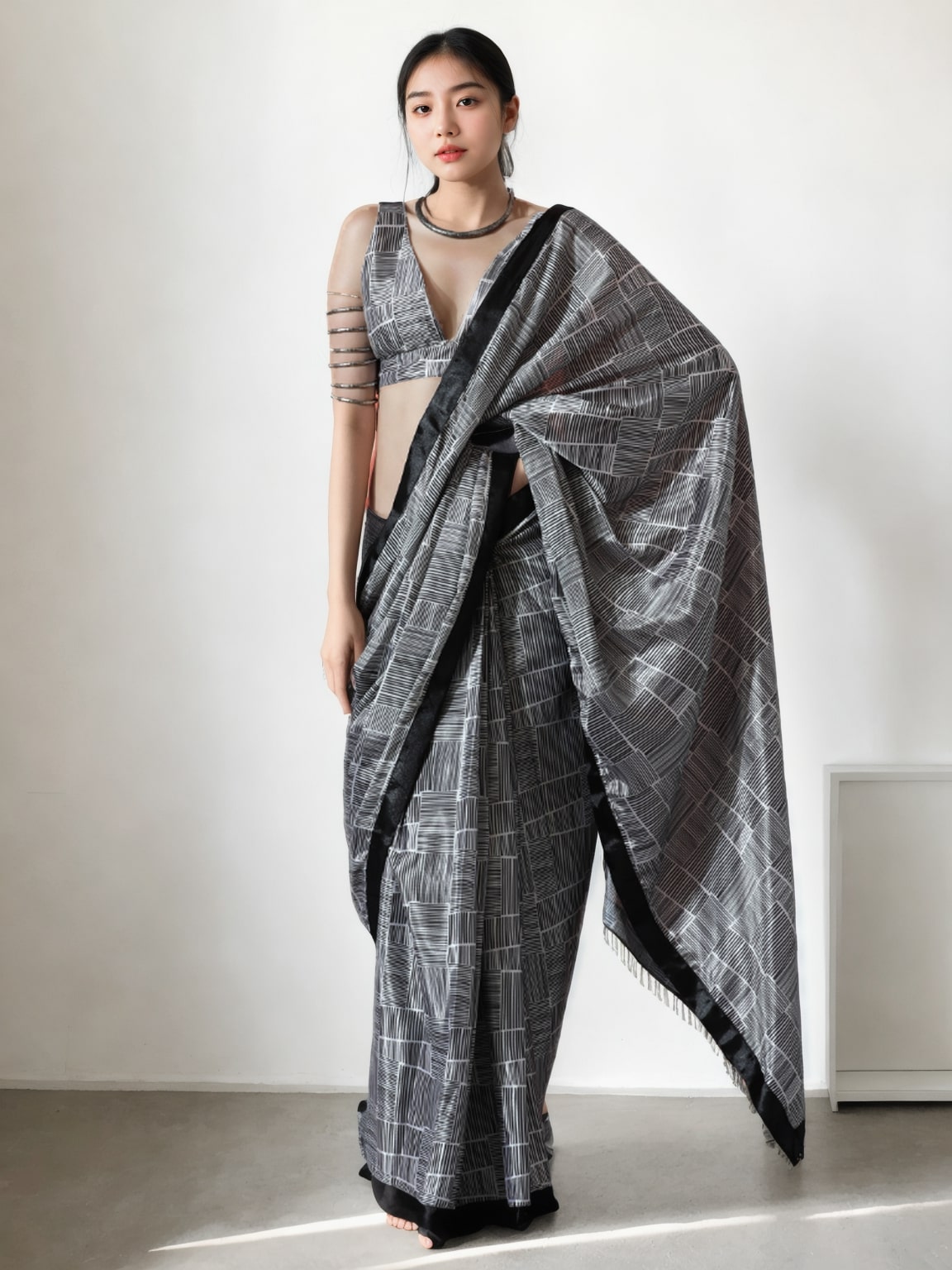 Jyoti Fashion Women's Grey Chinon Digital Printed Ready To Wear Saree with Blouse - Distacart