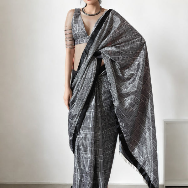Jyoti Fashion Women's Grey Chinon Digital Printed Ready To Wear Saree with Blouse - Distacart