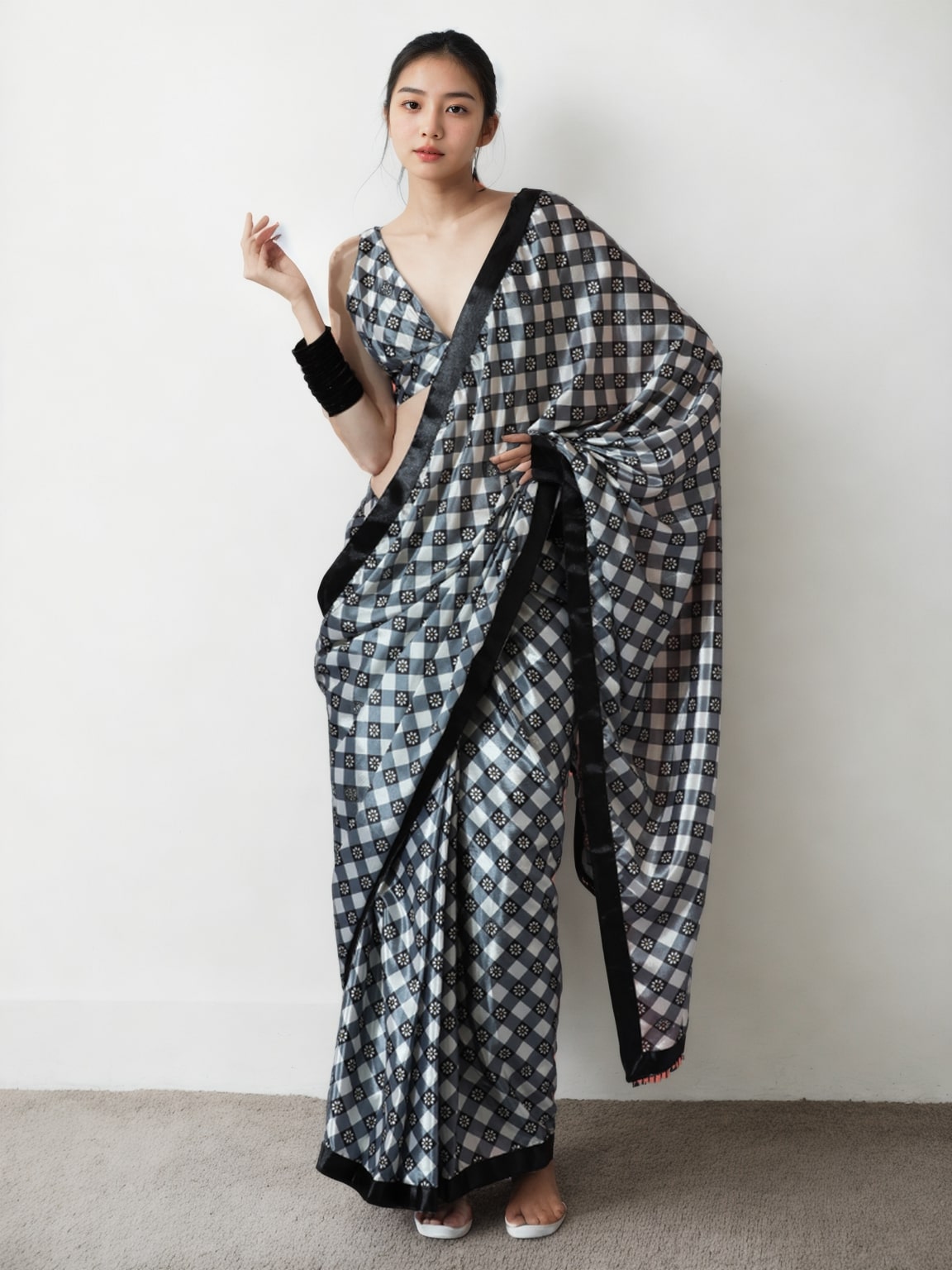 Jyoti Fashion Women's Grey Chinon Digital Printed Ready To Wear Saree with Blouse - Distacart