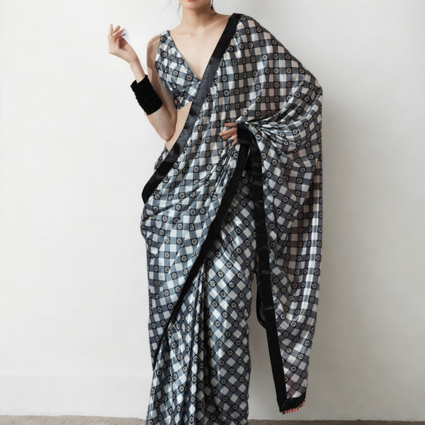 Jyoti Fashion Women's Grey Chinon Digital Printed Ready To Wear Saree with Blouse - Distacart