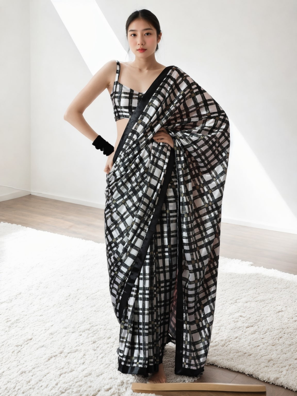 Jyoti Fashion Women's Black Chinon Digital Printed Ready To Wear Saree with Blouse - Distacart