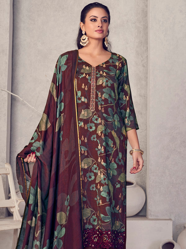 Jyoti Fashion Women's Maroon Pure Pashmina Digital Print with Jacquard Woven Kurta with Trouser & Dupatta - Distacart