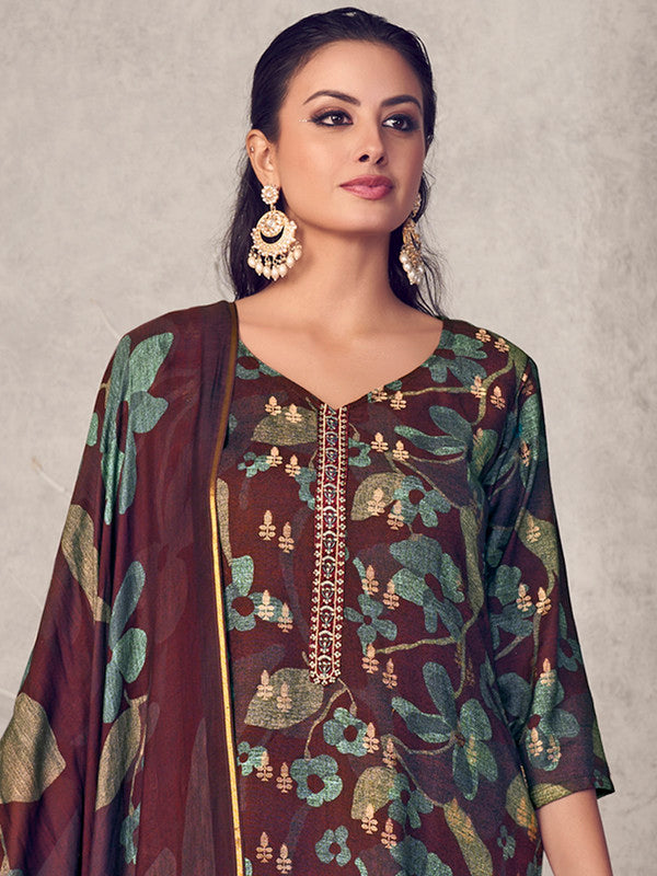 Jyoti Fashion Women's Maroon Pure Pashmina Digital Print with Jacquard Woven Kurta with Trouser & Dupatta - Distacart