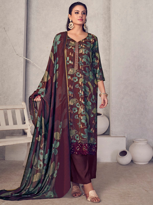 Jyoti Fashion Women's Maroon Pure Pashmina Digital Print with Jacquard Woven Kurta with Trouser & Dupatta - Distacart