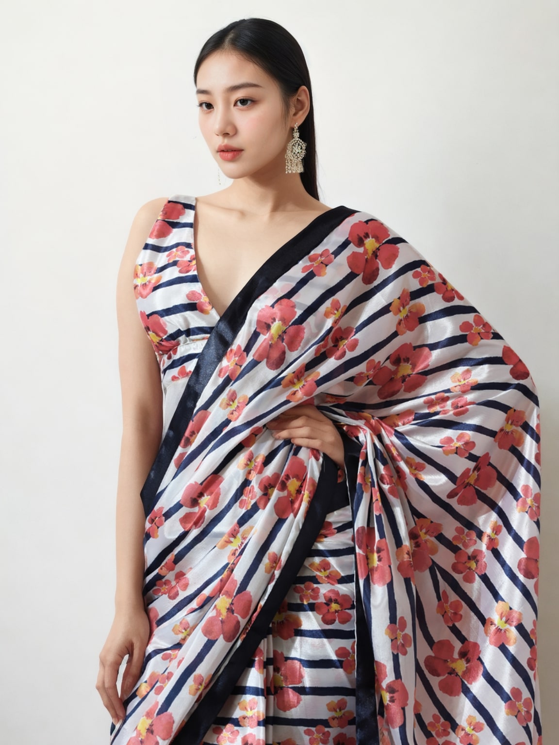 Jyoti Fashion Women's Multicolor Chinon Digital Printed Ready To Wear Saree with Blouse - Distacart