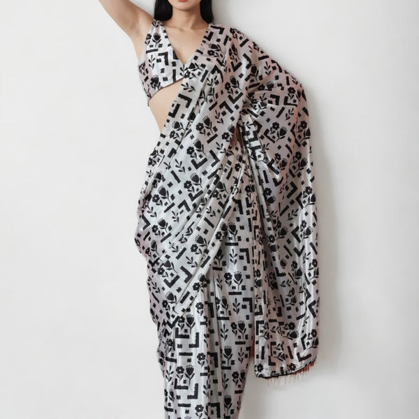 Jyoti Fashion Women's Black Chinon Digital Printed Ready To Wear Saree with Blouse - Distacart