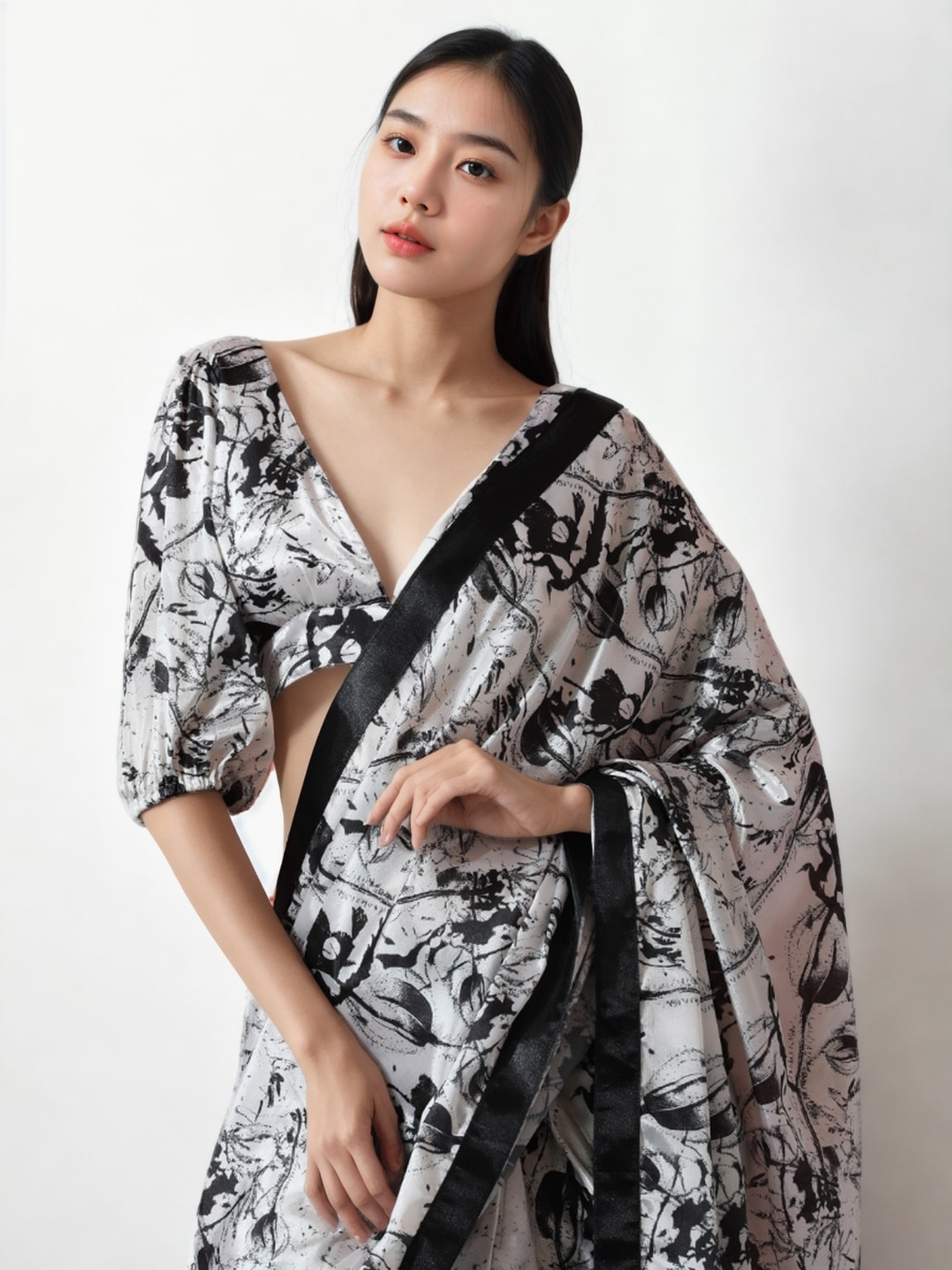 Jyoti Fashion Women's Black Chinon Digital Printed Ready To Wear Saree with Blouse - Distacart