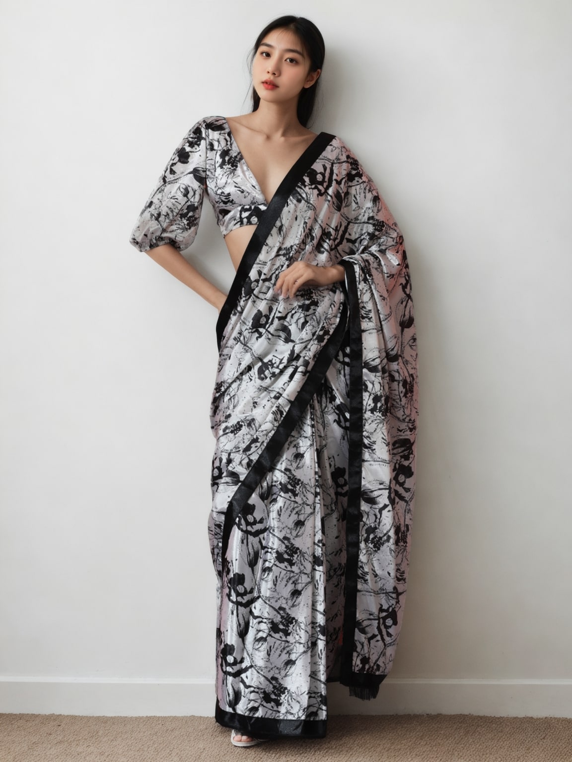 Jyoti Fashion Women's Black Chinon Digital Printed Ready To Wear Saree with Blouse - Distacart