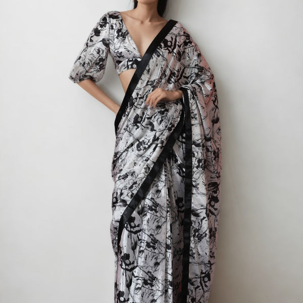 Jyoti Fashion Women's Black Chinon Digital Printed Ready To Wear Saree with Blouse - Distacart