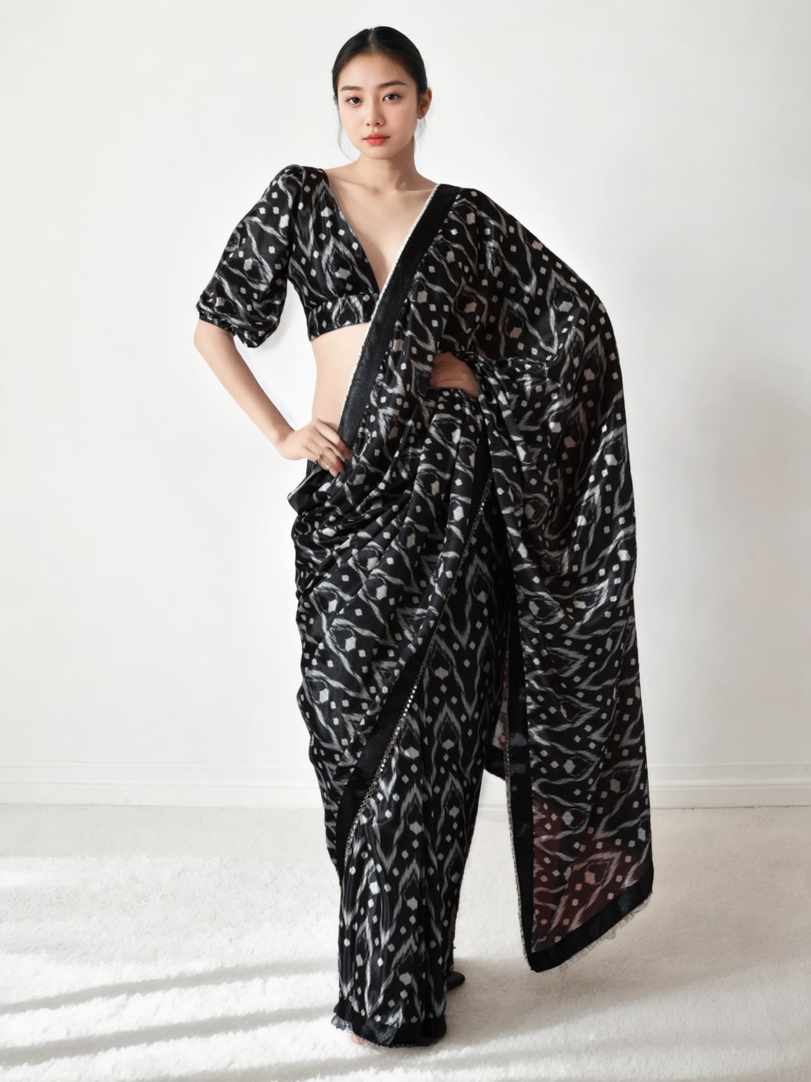 Jyoti Fashion Women's Black Chinon Digital Printed Ready To Wear Saree with Blouse - Distacart