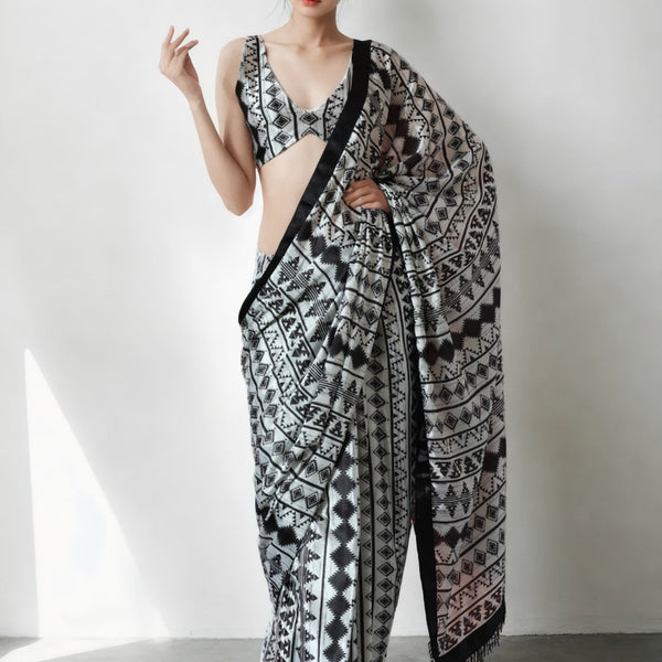 Jyoti Fashion Women's Black Chinon Digital Printed Ready To Wear Saree with Blouse - Distacart