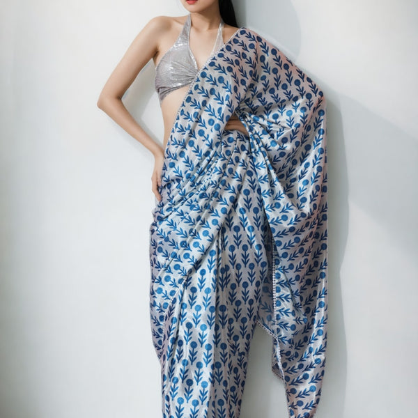 Jyoti Fashion Women's Sky Blue Chinon Digital Printed Ready To Wear Saree with Blouse - Distacart
