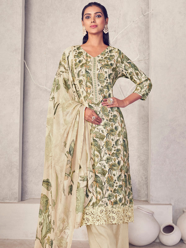 Jyoti Fashion Women's Cream Pure Pashmina Digital Print with Jacquard Woven Kurta with Trouser & Dupatta - Distacart