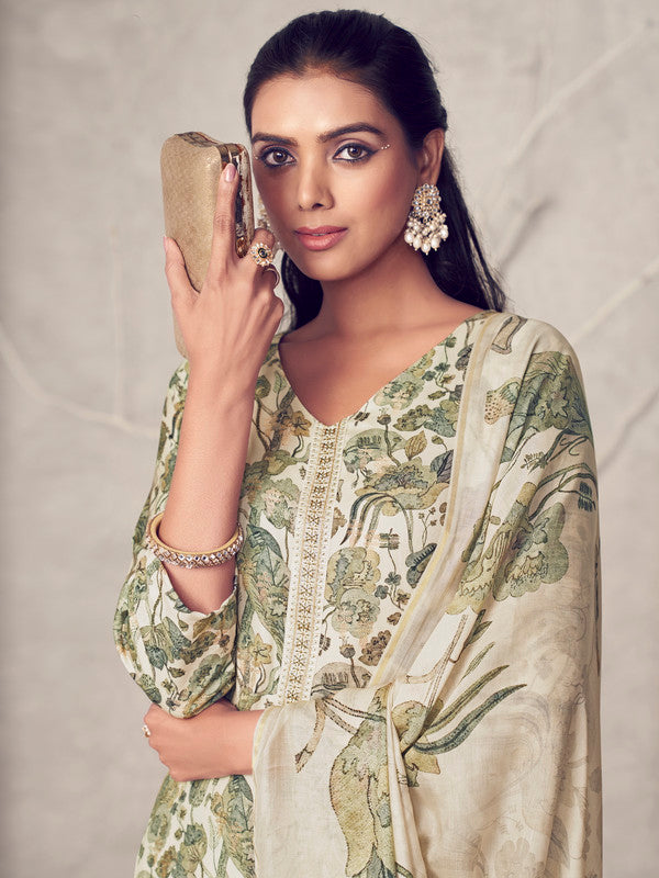 Jyoti Fashion Women's Cream Pure Pashmina Digital Print with Jacquard Woven Kurta with Trouser & Dupatta - Distacart