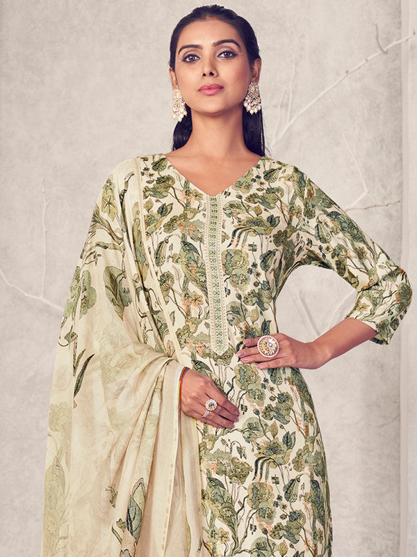 Jyoti Fashion Women's Cream Pure Pashmina Digital Print with Jacquard Woven Kurta with Trouser & Dupatta - Distacart