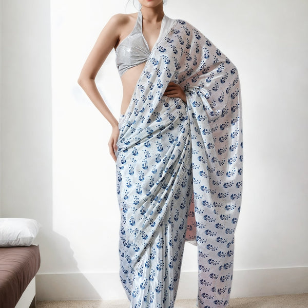 Jyoti Fashion Women's Blue Chinon Digital Printed Ready To Wear Saree with Blouse - Distacart