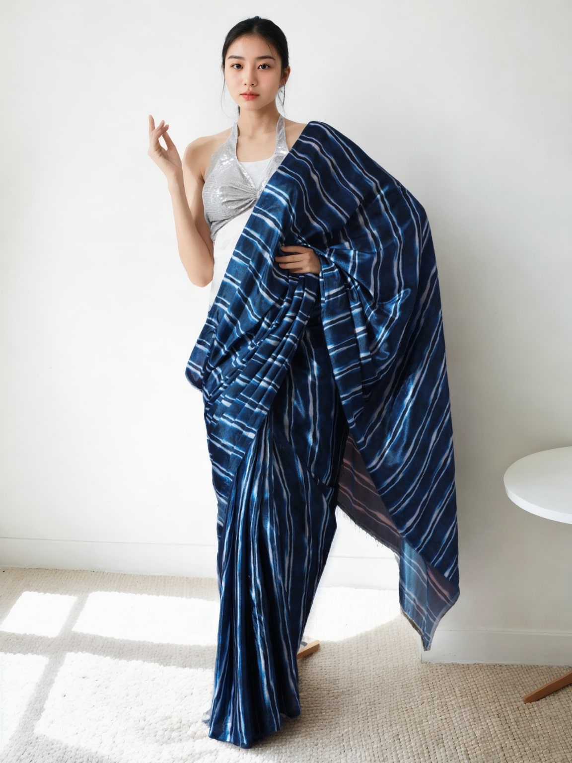 Jyoti Fashion Women's Navy Blue Chinon Digital Printed Ready To Wear Saree with Blouse - Distacart