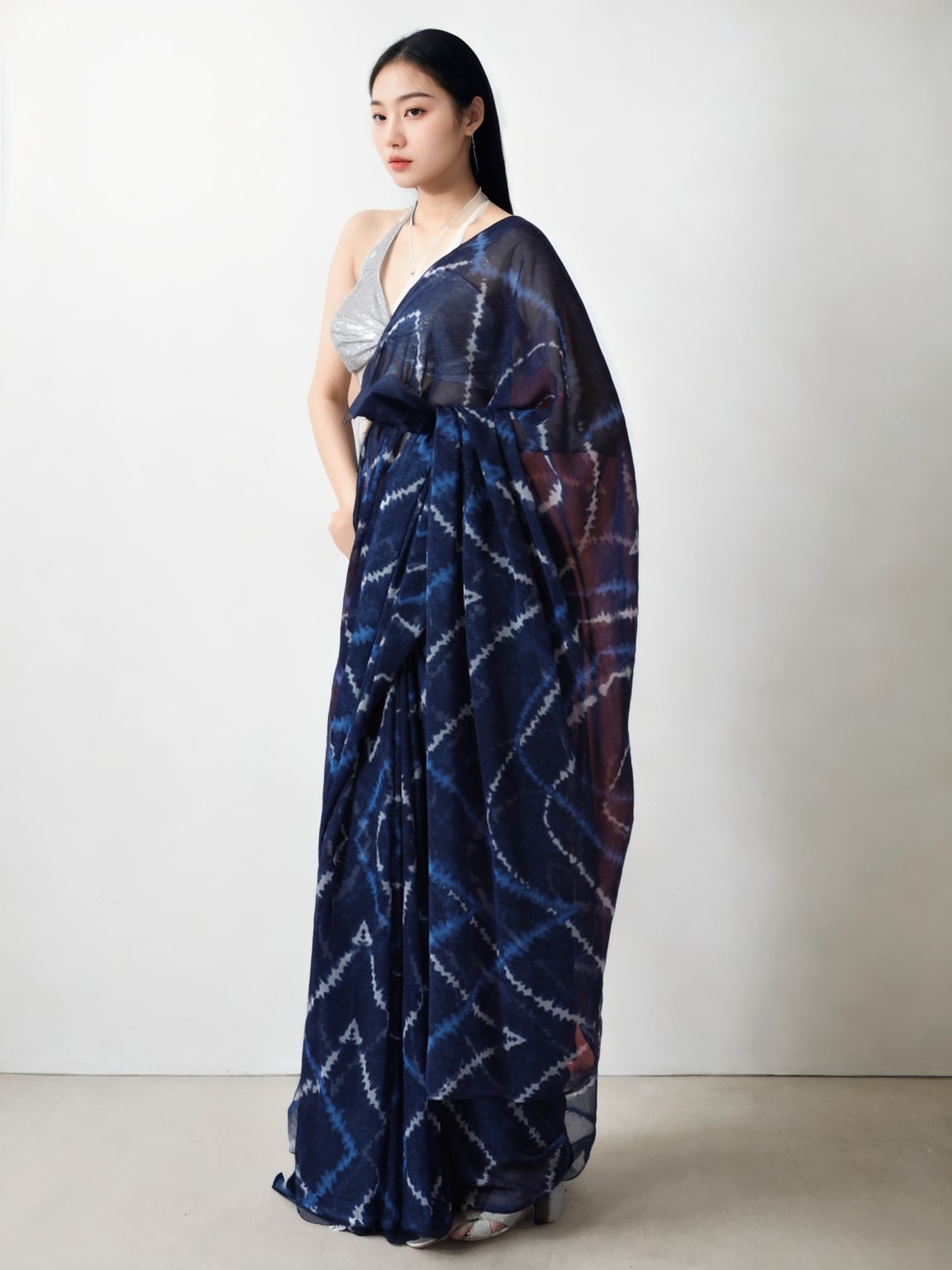 Jyoti Fashion Women's Dark Blue Marble Chiffon Printed Ready To Wear Saree with Blouse - Distacart
