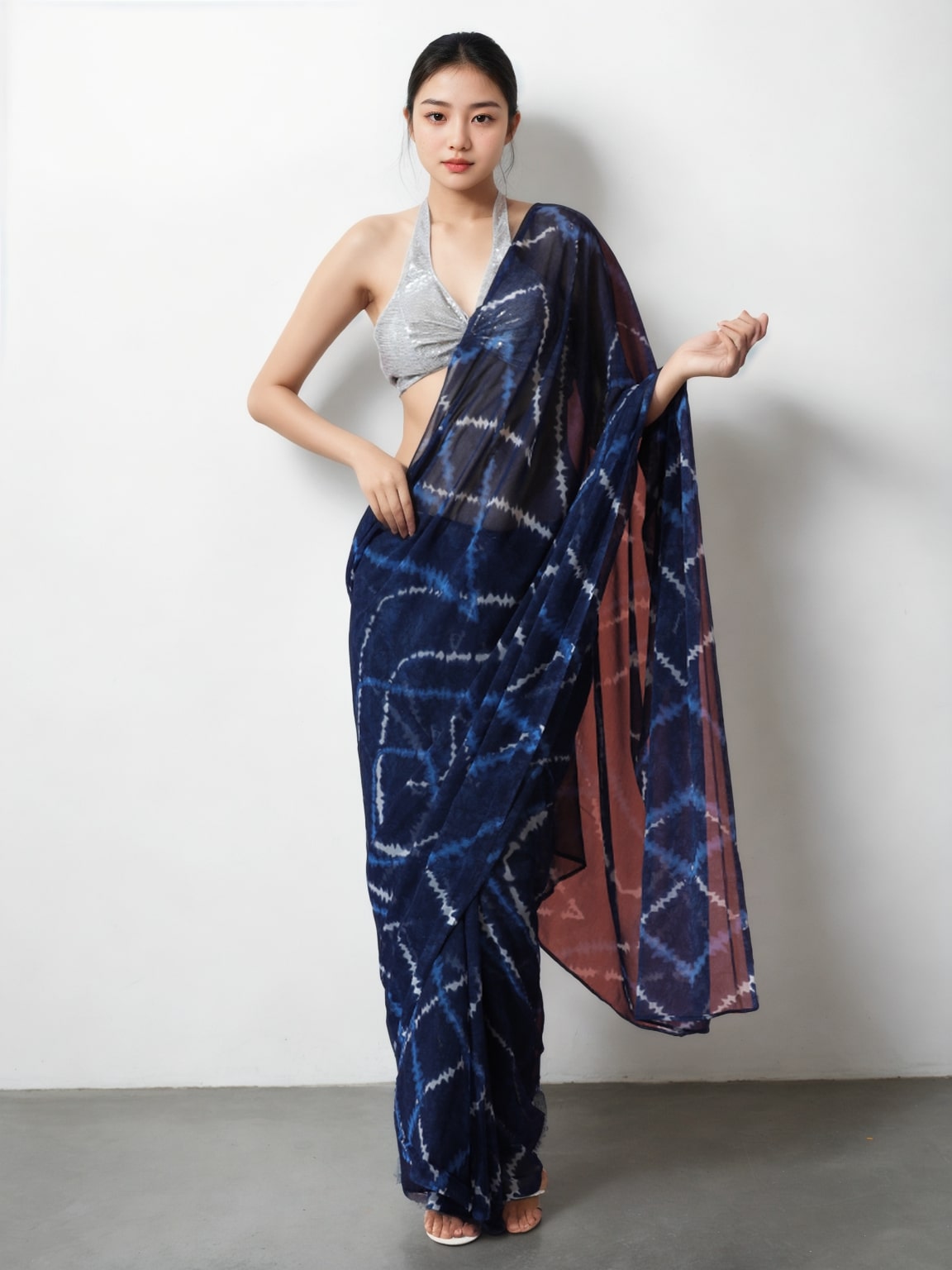 Jyoti Fashion Women's Dark Blue Marble Chiffon Printed Ready To Wear Saree with Blouse - Distacart