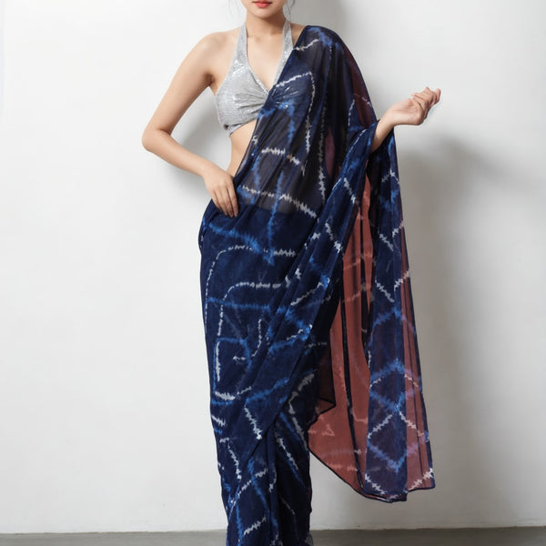 Jyoti Fashion Women's Dark Blue Marble Chiffon Printed Ready To Wear Saree with Blouse - Distacart