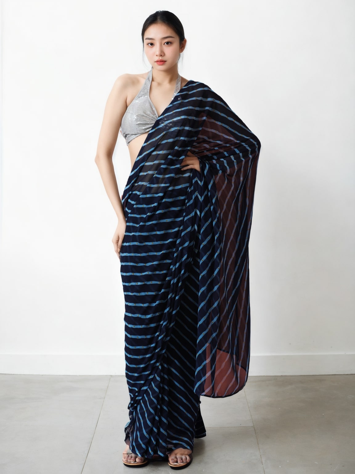 Jyoti Fashion Women's Dark Blue Marble Chiffon Printed Ready To Wear Saree with Blouse - Distacart