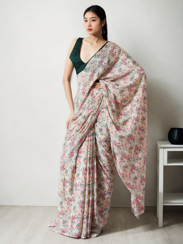 Jyoti Fashion Women's Multicolor Chinon Digital Printed Ready To Wear Saree with Blouse - Distacart