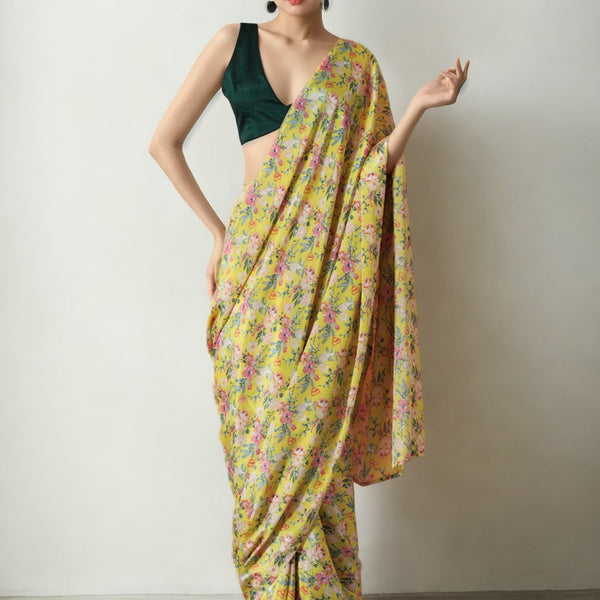 Jyoti Fashion Women's Mehendi Chinon Digital Printed Ready To Wear Saree with Blouse - Distacart